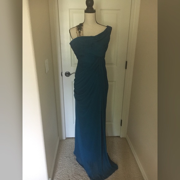 SIZE 4 Adrianna Papell Blue Drape Shoulder Dress - Picture 2 of 8